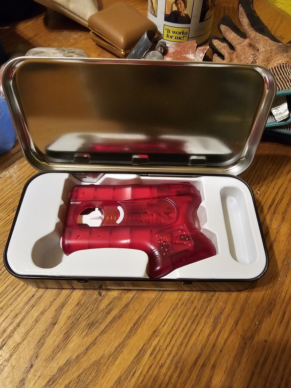 Red Transparent Handheld Massager in Tin Case